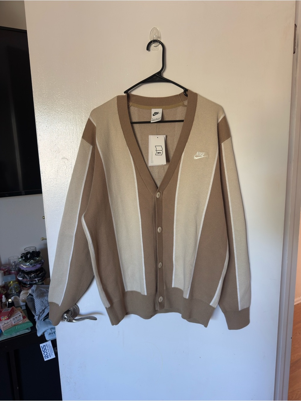 Nike Men's Tan and Cream Striped V‑Neck Cardigan